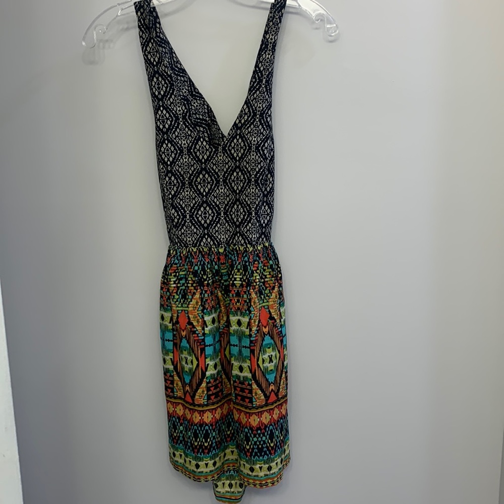Cross back, patterned mini dress